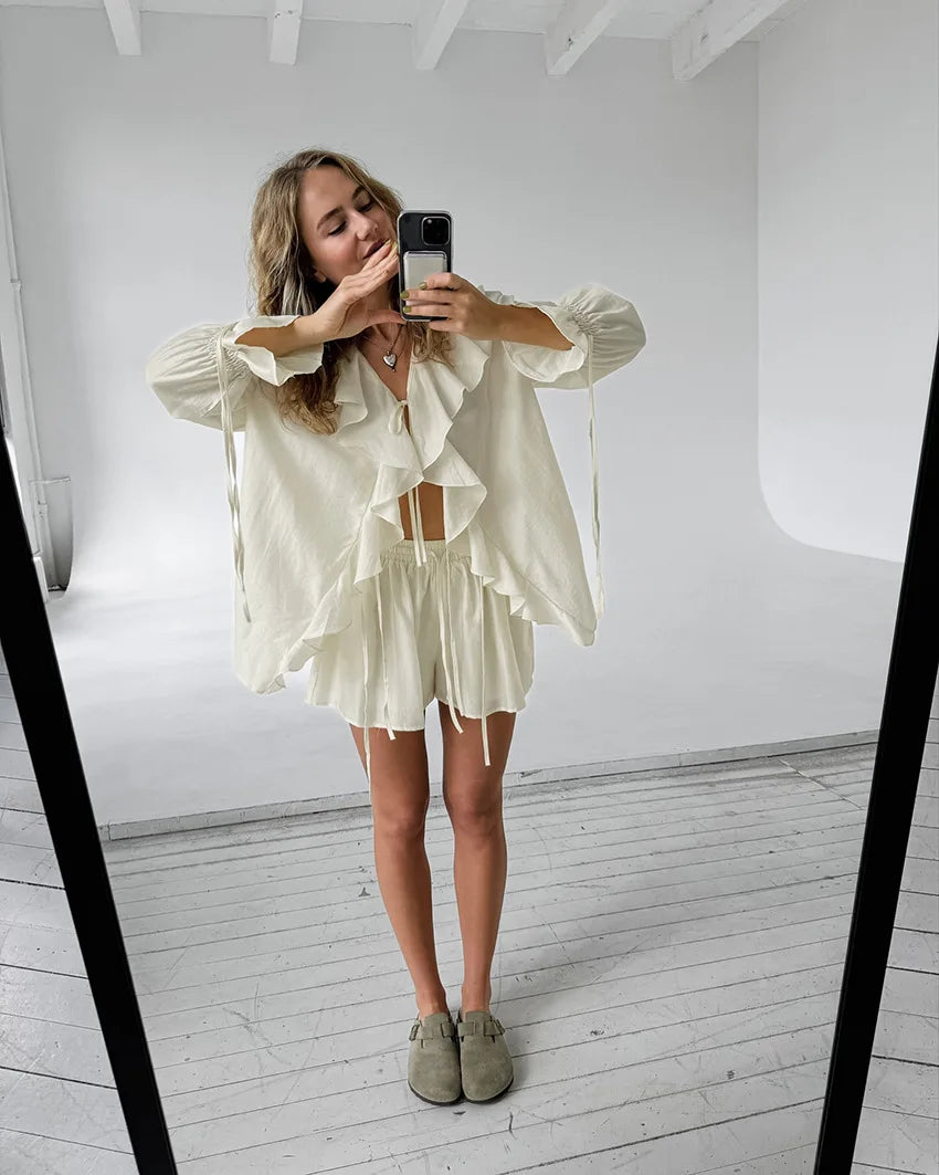 Tornova Women's Ruffled Shorts Sets V Neck Loose Lace Up Shirt Loose Through Sexy Casual Shorts Female Spring New Matching Sets