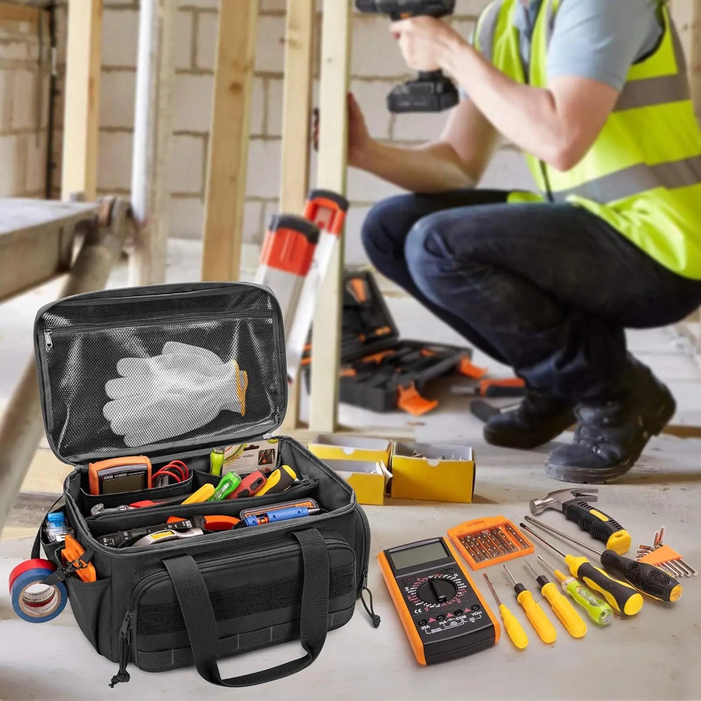 14" Heavy Duty Tool Bag Multipurpose Work Organizer for Handyman,Carpenter,Durable Portable Tool Storage