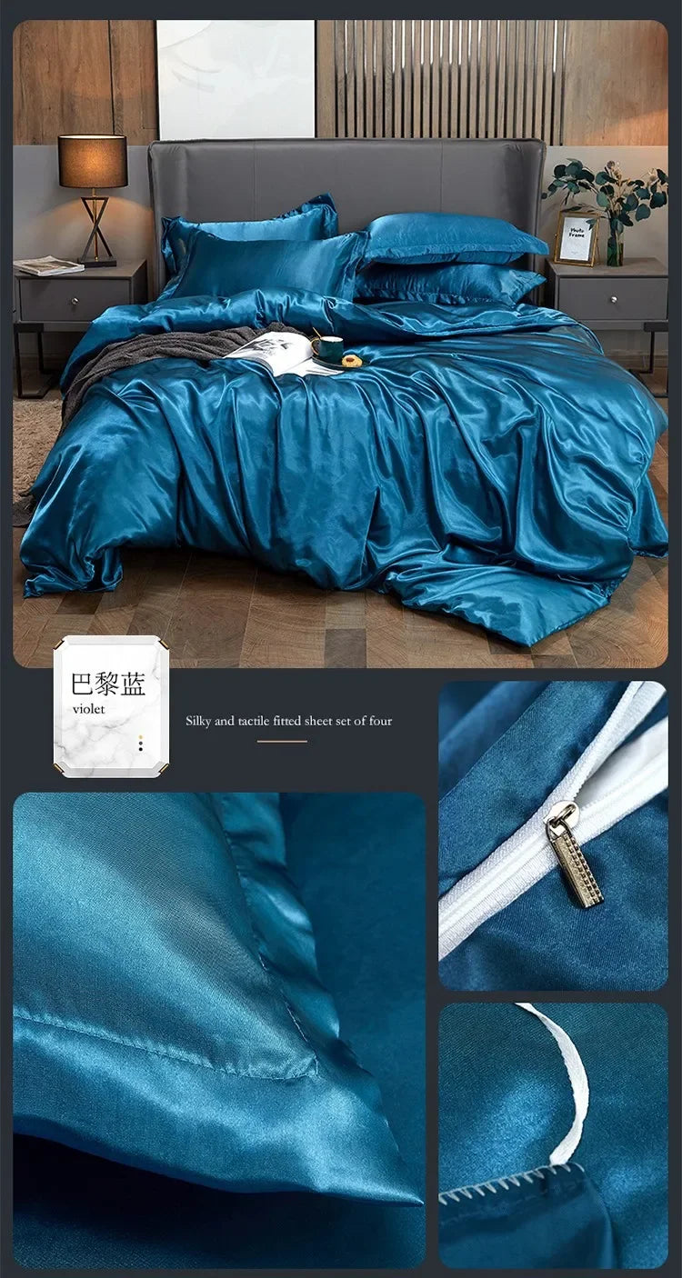 Solid Color Silk-like Bedding European and American Bed Sheet Quilt Cover Pillowcase