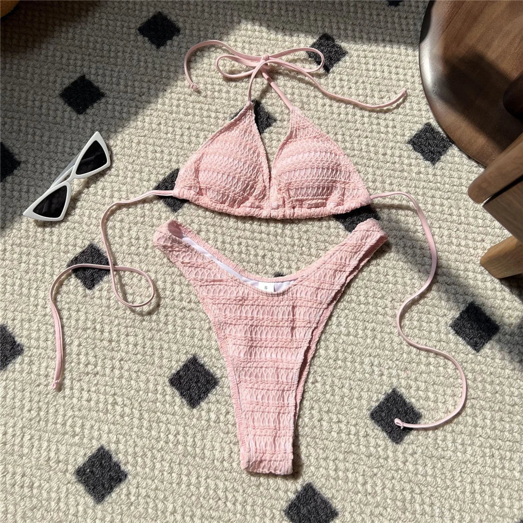 5 Colors Wrinkled Halter Brazilian Bikini Women Swimwear Female Swimsuit Two-pieces Bikini set Bather Bathing Suit Swim K5470