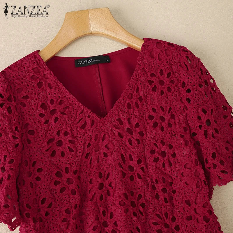 ZANZEA Summer Embroidered Openwork Blouses Women V-Neck Short Sleeve Hollow Out Lace Blusas Mujer Casual Fashion Solid Chemises