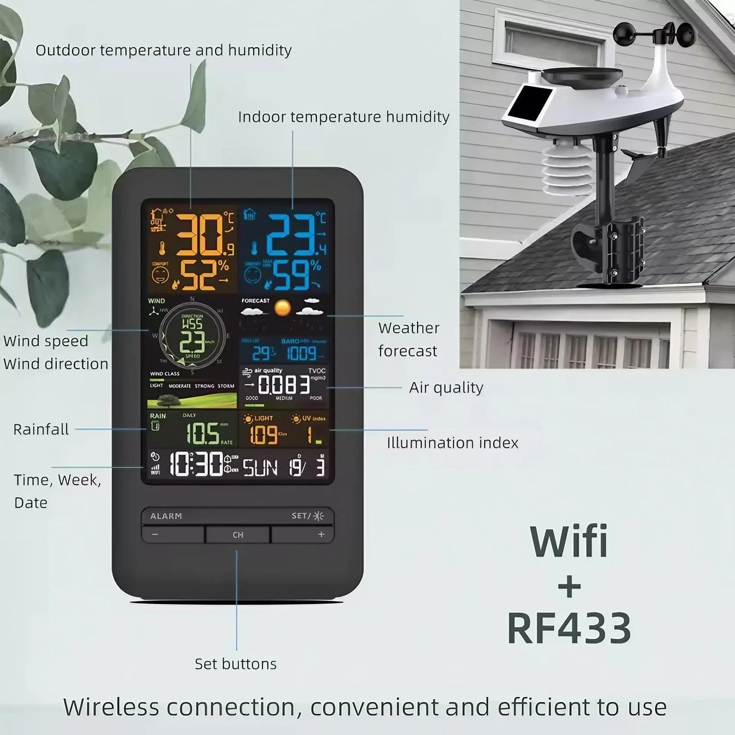 Smart Home Weather Station APP Control Monitor Temperature Humidity UV Index Wind Rainfall Auto Timer Perpetual Calendar