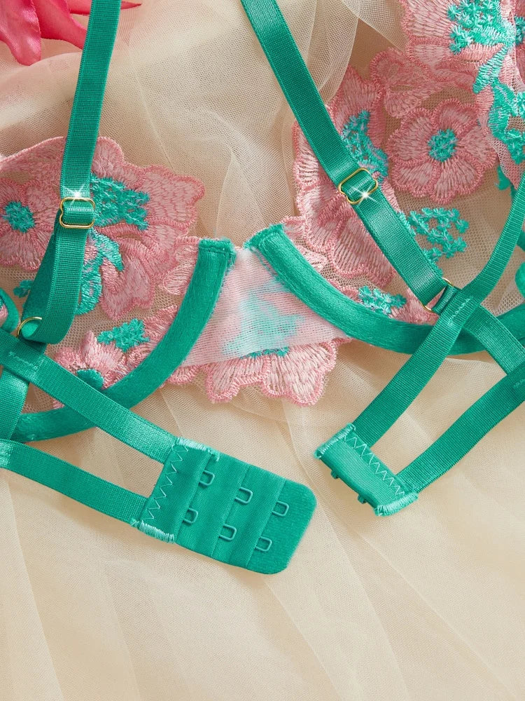 Sexy Lingerie for Women Floral Embroidery Lingerie Set Romantic Mesh Underwear Transparent Three-point Bra Set Intimate Lingerie