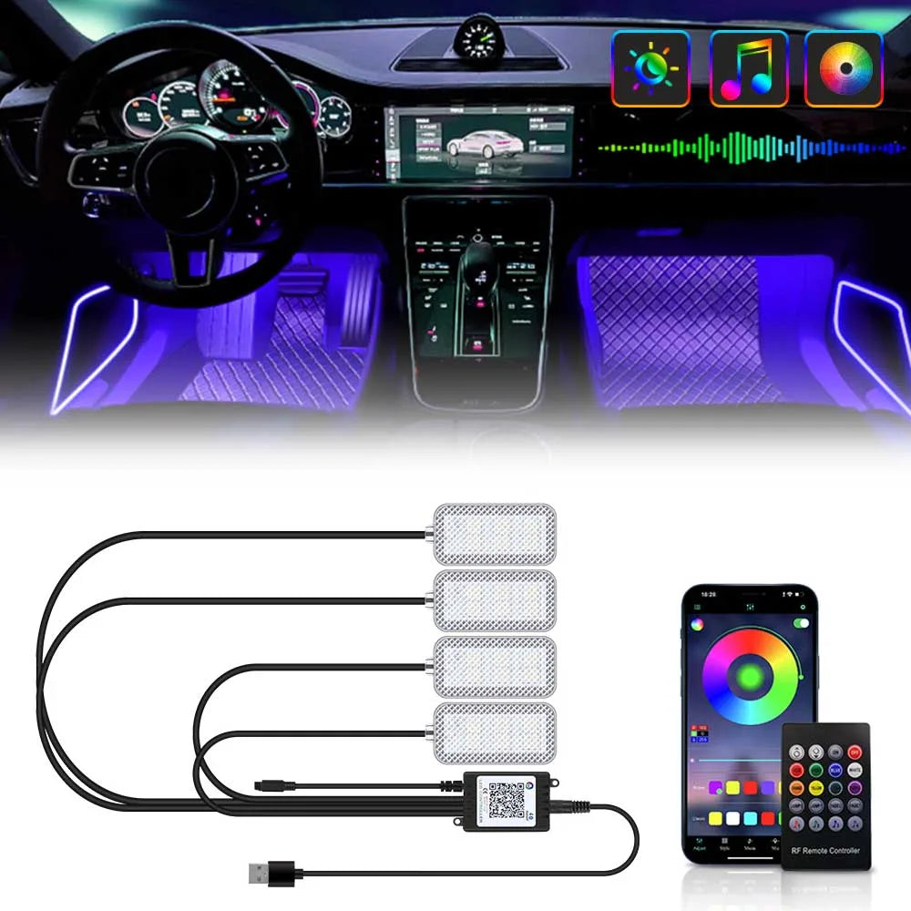 Car Interior Ambient Light RGB Foot Strip Lighting Kit Accessories Backlight Remote App Music Control Auto RGB Decorative Lamp