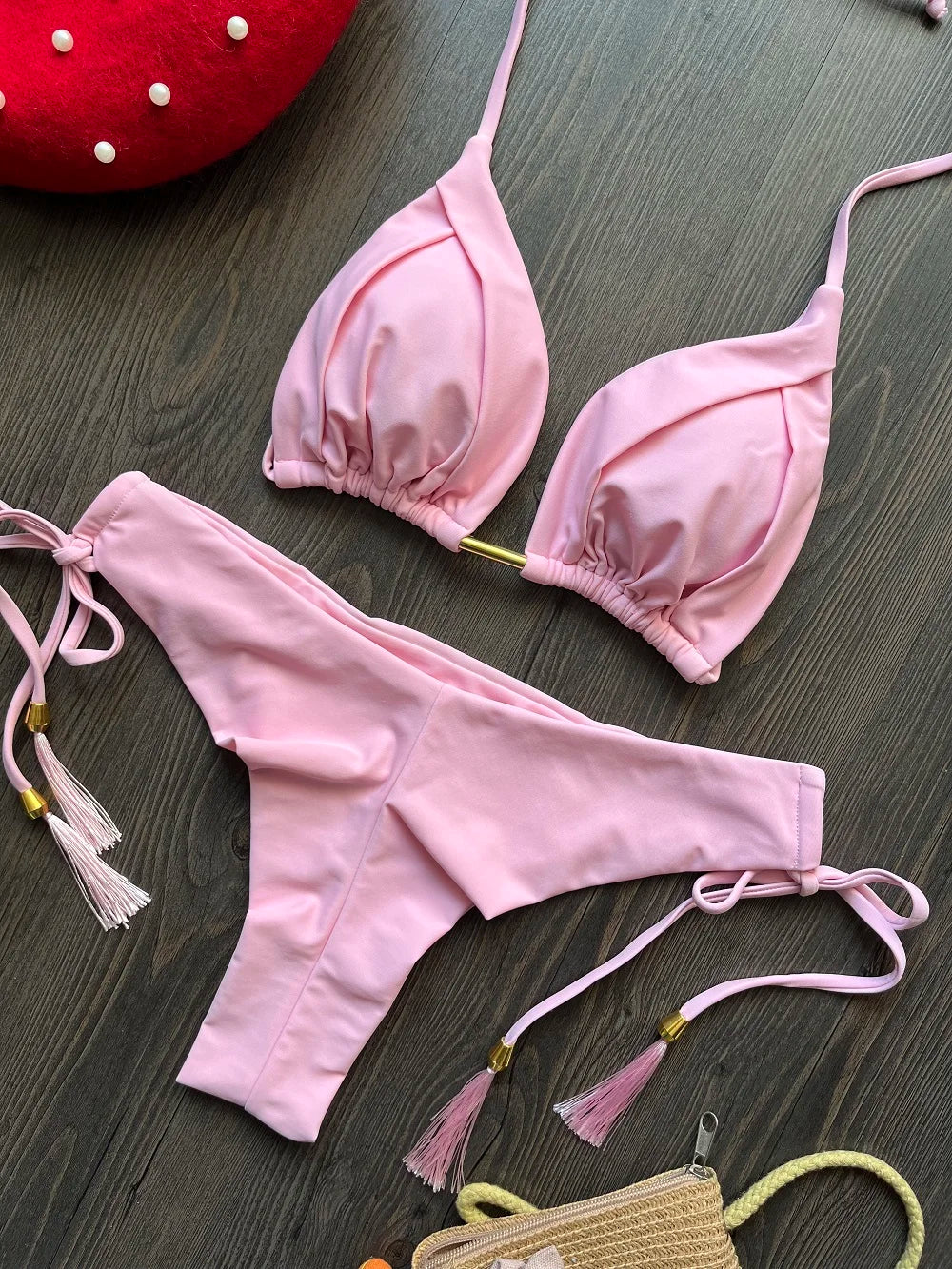 Solid color bikini set 2026 women's new swimsuit 2-piece set bead neck hanging bikinis summer beach Swimwear