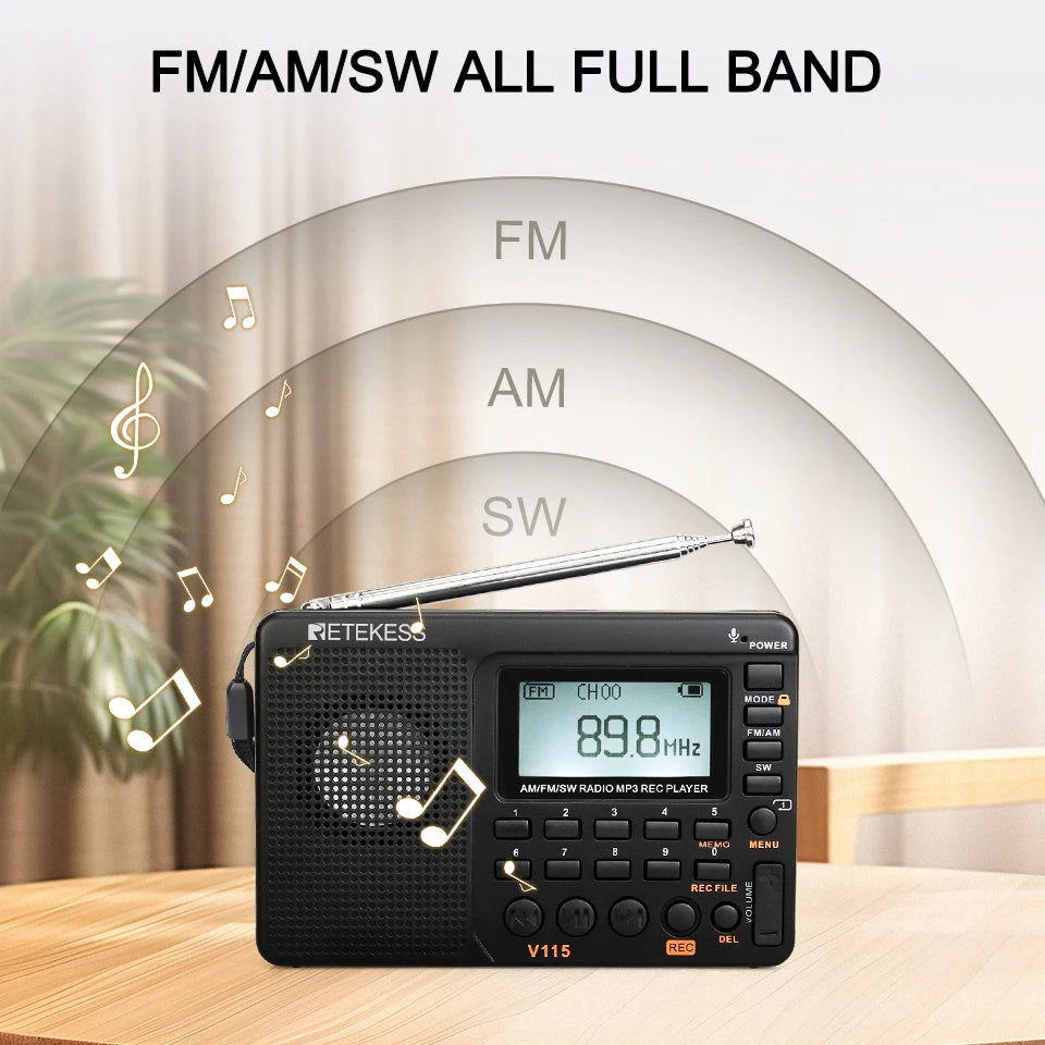 RETEKESS V115 Radio FM AM SW Portable Radios Rechargeable  Radio Batteries multiple bands  USB Recorder Speaker for Elders TX32