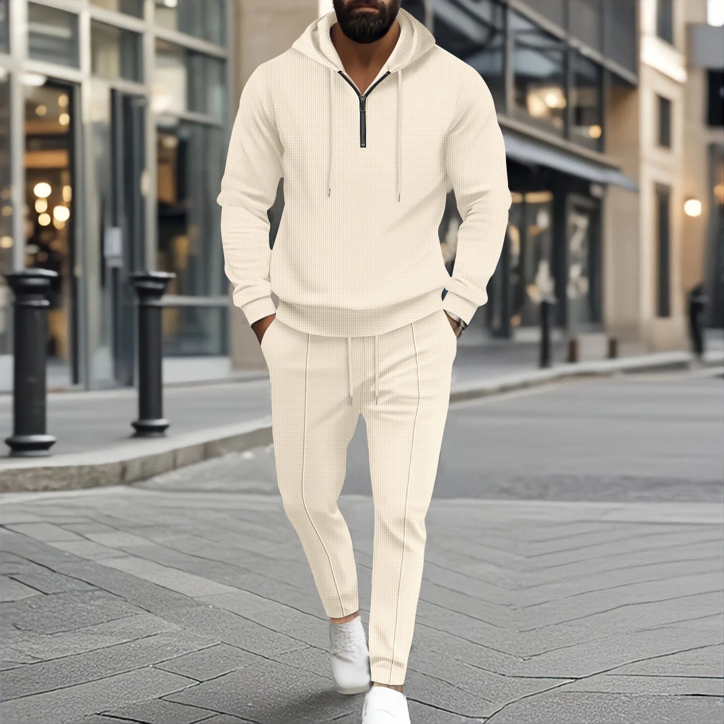 Teen Boys 2-Piece Set Waffle Knit Half-Zip Hoodie And Drawstring Pants Casual Comfortable Clothing