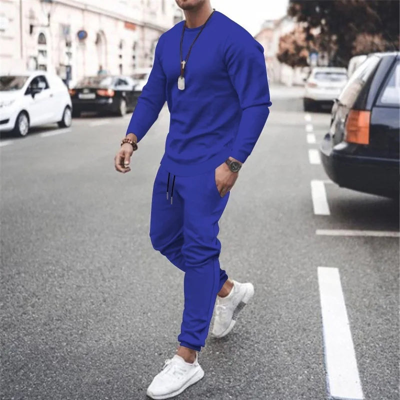 Men's Two-Piece Set O-Neck 2 Pieces Sets Tracksuit Hooded Sweatshirt +Drawstring Pants Male Sport Hoodies Running Sportswear