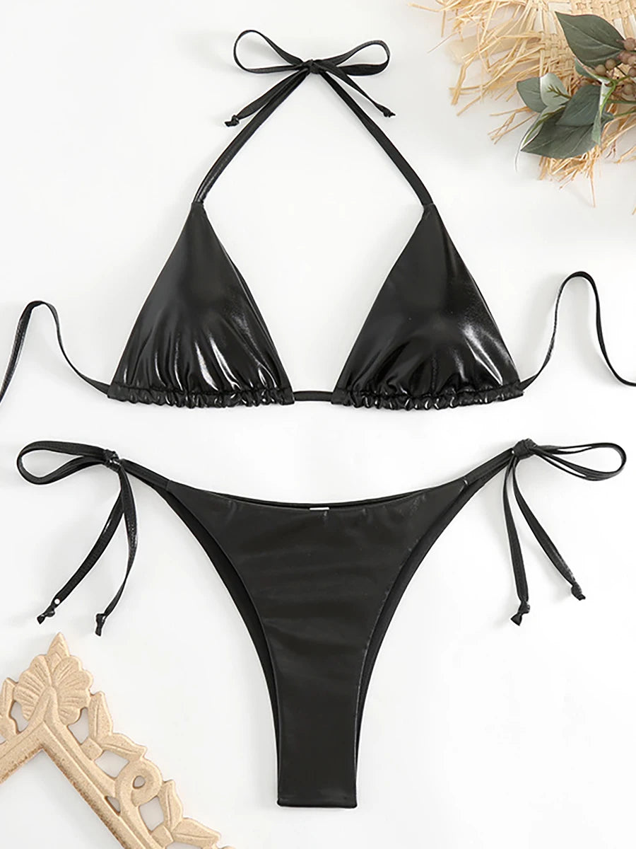 Sexy Metallic Halter Bikinis Sets Lace Up Triangle Tie Side Bikini 2024 Swimsuit Women Swimwear Brazilian Female Bathing Suits
