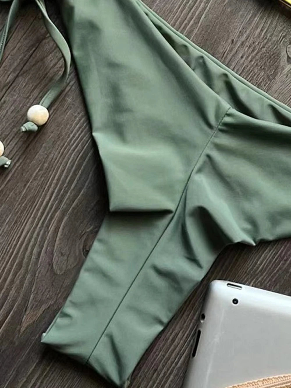 Solid color bikini set 2026 women's new swimsuit 2-piece set bead neck hanging bikinis summer beach Swimwear