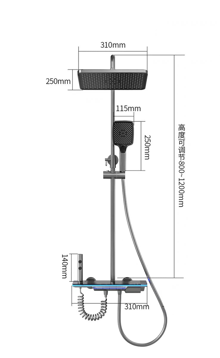 Black Shower Set Bathroom Hot and Cold Mixer Shower Mixer LED Digital Ambient Light Bathtub Wall Mounted Grey Shower System