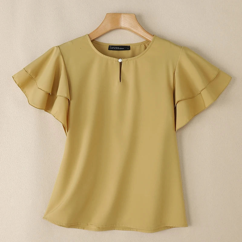 2026 ZANZEA Summer Elegant Short Sleeve Office Blouse Women Shirt Casual Solid OL Work Tops Fashion O Neck Holiday Tunic Mujer