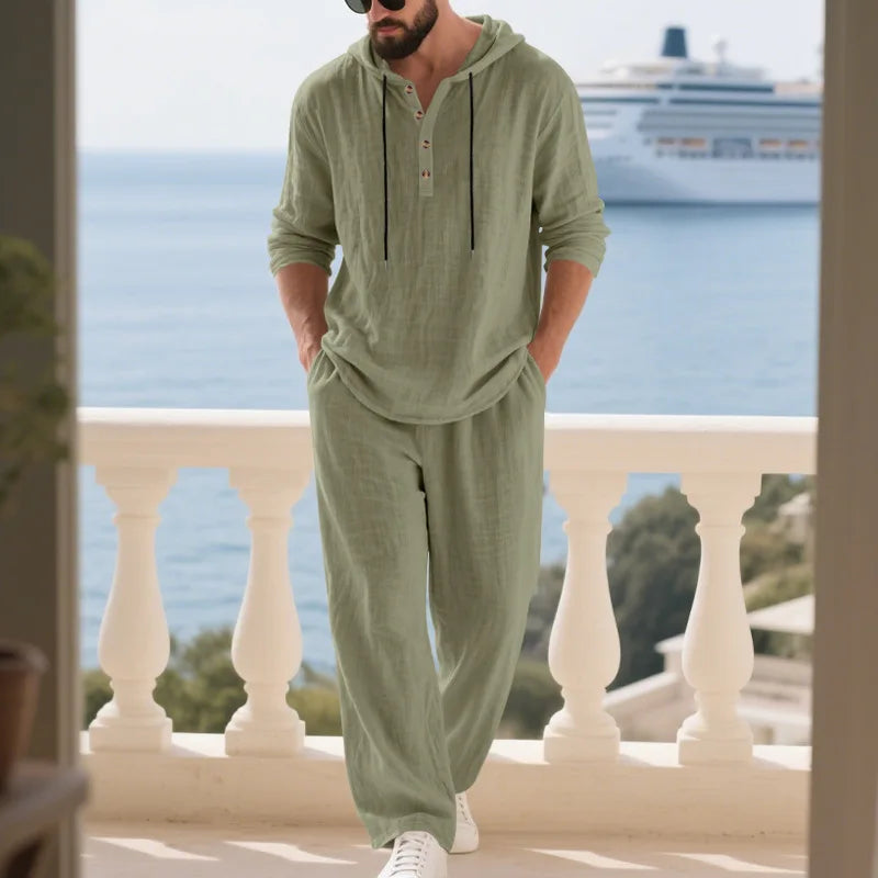 Men's Linen Hooded Sets 2 Piece Outfit Summer Casual Long Sleeve Hoodie and Wide Leg Pants Set for Men