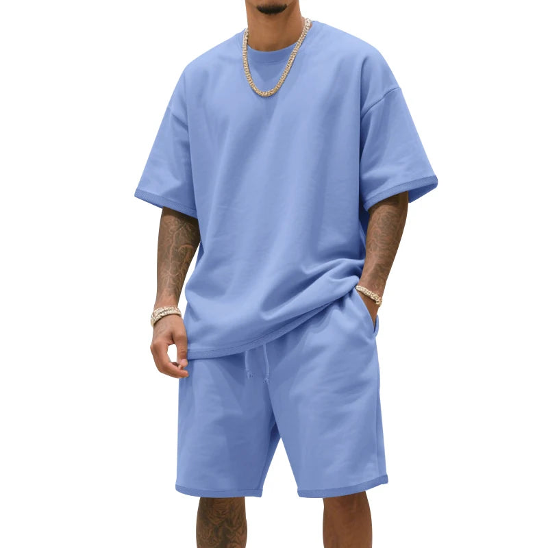 Men's two-piece clothing set, loose round-neck T-shirt and shorts set, casual sportswear, perfect for summer