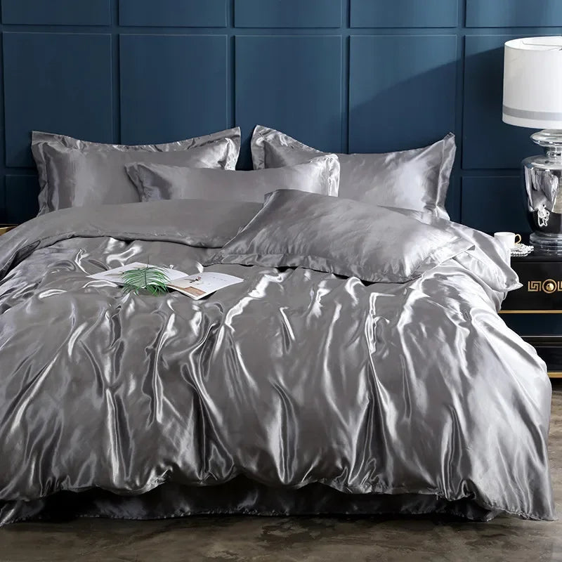 Solid Color Silk-like Bedding European and American Bed Sheet Quilt Cover Pillowcase