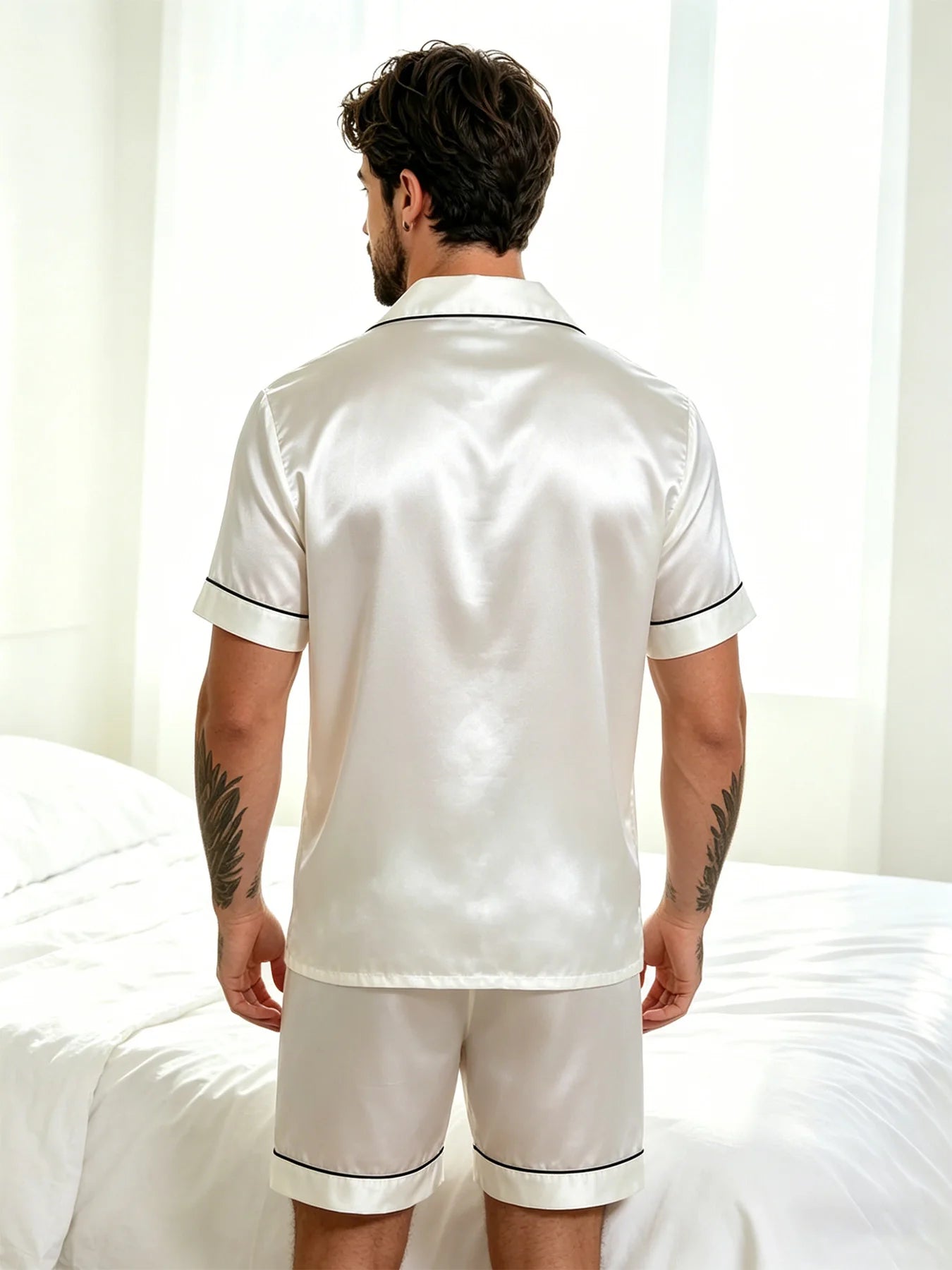 Men Satin Short Sleeve Pajama Set Summer Sleepwear for Man Button-Down Shirt & Elastic Waist Shorts Pajamas Home Clothes 2 Piece