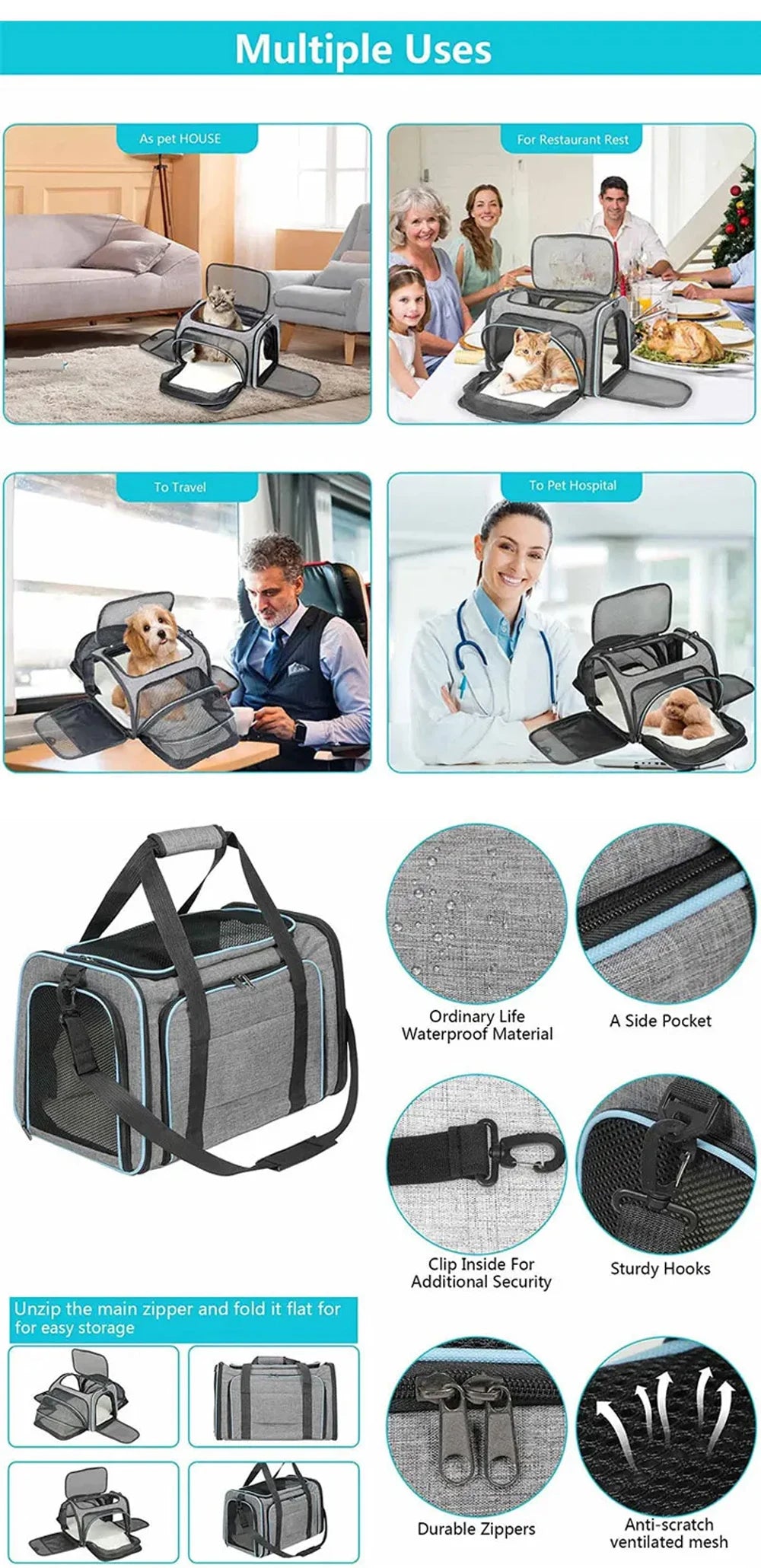 Pet Carriers Bag Portable Breathable Foldable Bag Cat Dog Carrier Bags Outgoing Outdoor Travel Pets Cats Handbag Safety Zippers
