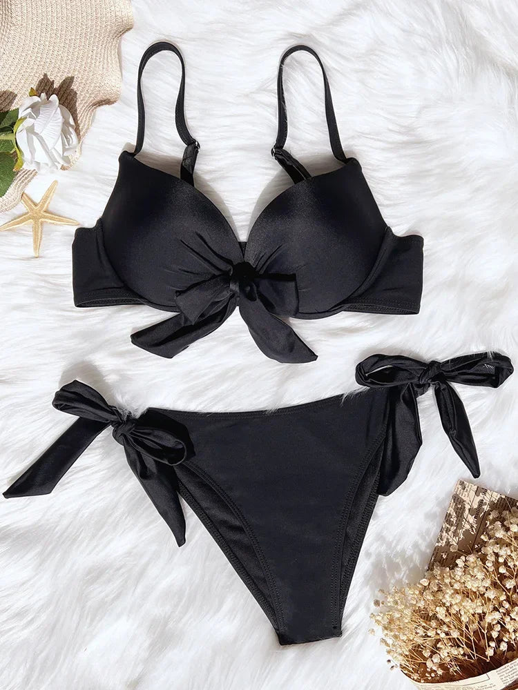 Sexy Knotted Underwired Bra Cup Bikini Women Swimsuit Female Swimwear Two-pieces Bikini Set Push Up Bikinis Bathing Suit Swim