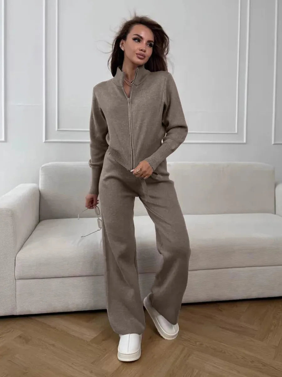 Bornladies Women's New Knit Zip Up Cardigan Wide Leg Pants Set Soft Fabric Cropped Elastic Waist Autumn Winter Fashion Sweater