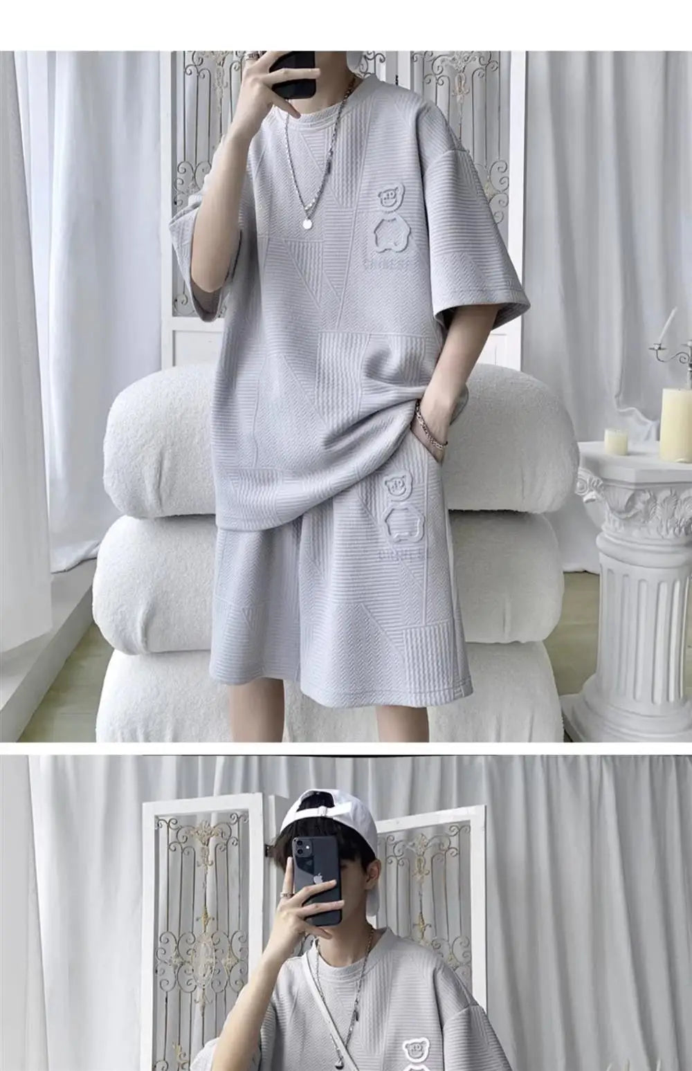 Casual Sportswear Set for Men Summer Short Sleeve Five-Quarter Pants Polyester Fiber Big Size Two-Piece Suit T-Shirt Shorts