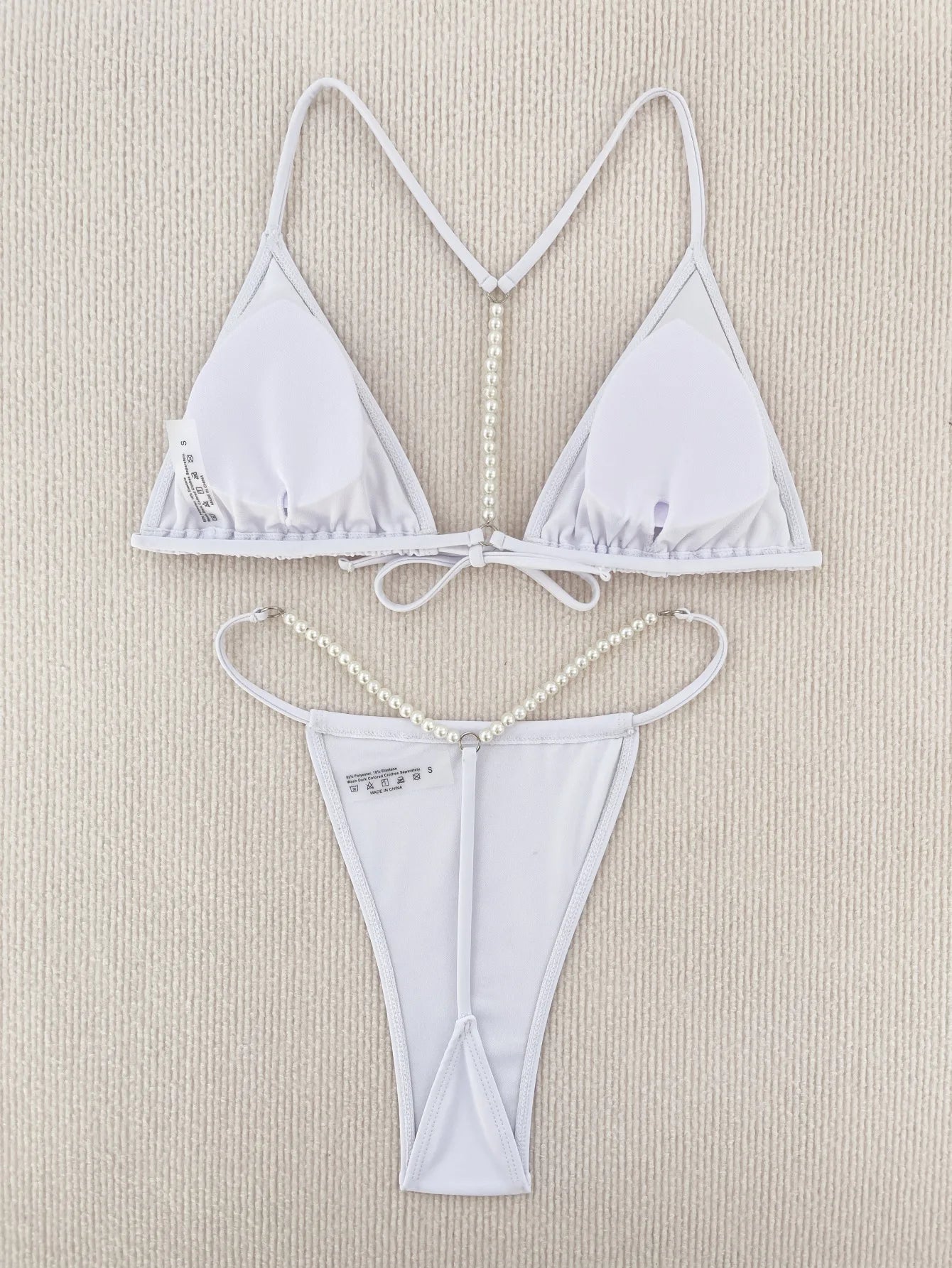 Sexy Pearls Thong Bikini Set Women Black White Front Bow Push Up Backless Micro Swimsuit 2026 Bathing Suit Cut Out Swimwear