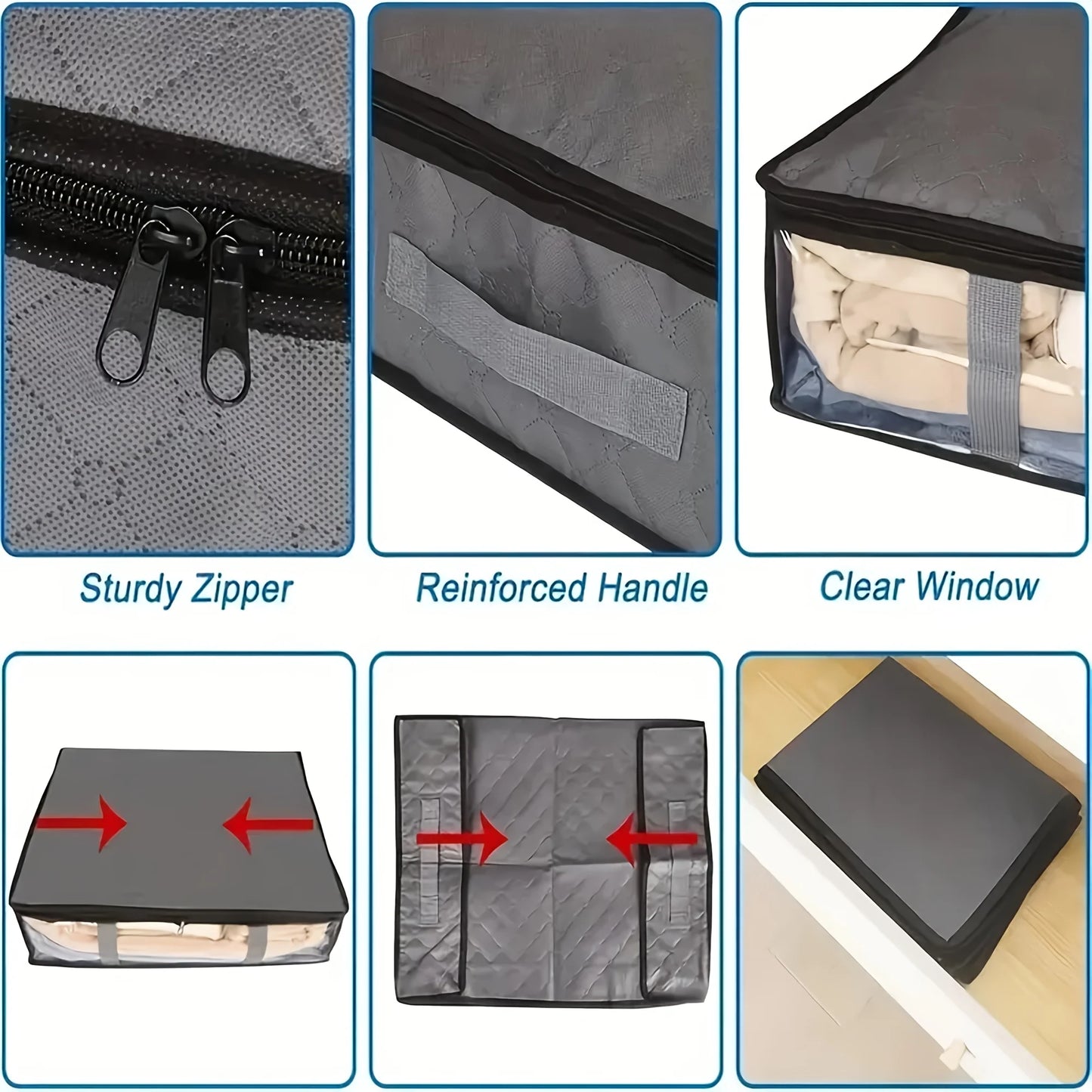 2pcs Large Under Bed Storage Bags Non-woven Clothes Organizer Clear Window Reinforced Handles for Comforters Blankets Bedding