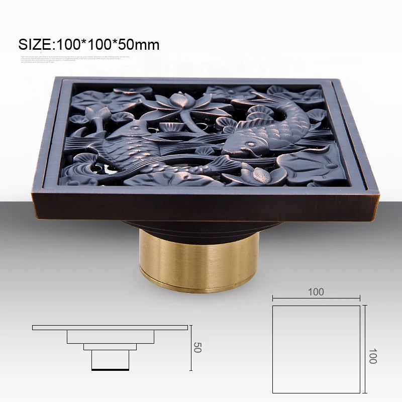 Shower Drains 10*10cm Square Bath Drains Strainer Hair Antique Brass Fish Carved Bathroom Floor Drain Waste Grate Drain