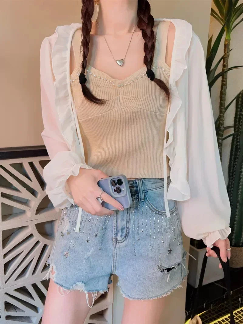 Summer Ruffled Shawl Solid Color Chiffon Women's Long Sleeve Thin Y2K Coat Cape Bolero Summer Wear Cloak Shrug  For Vacation