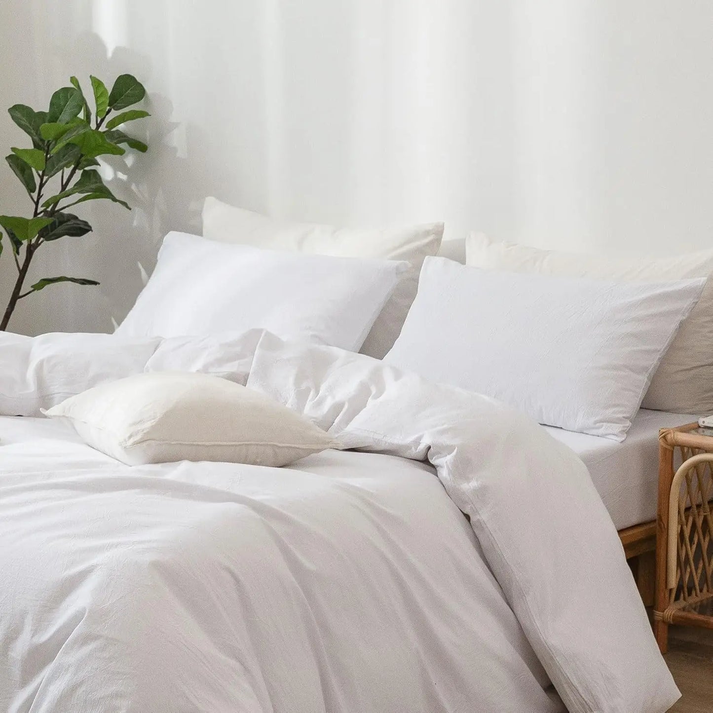 Bedding Standard Pillowcases Pack of 1 100% Washed Cotton Linen Like Textured Breathable Durable Soft Solid White No inserts