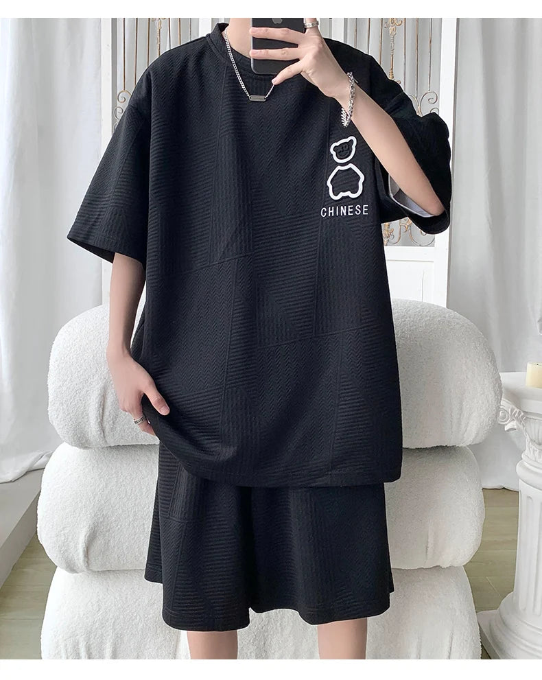 Casual Sportswear Set for Men Summer Short Sleeve Five-Quarter Pants Polyester Fiber Big Size Two-Piece Suit T-Shirt Shorts
