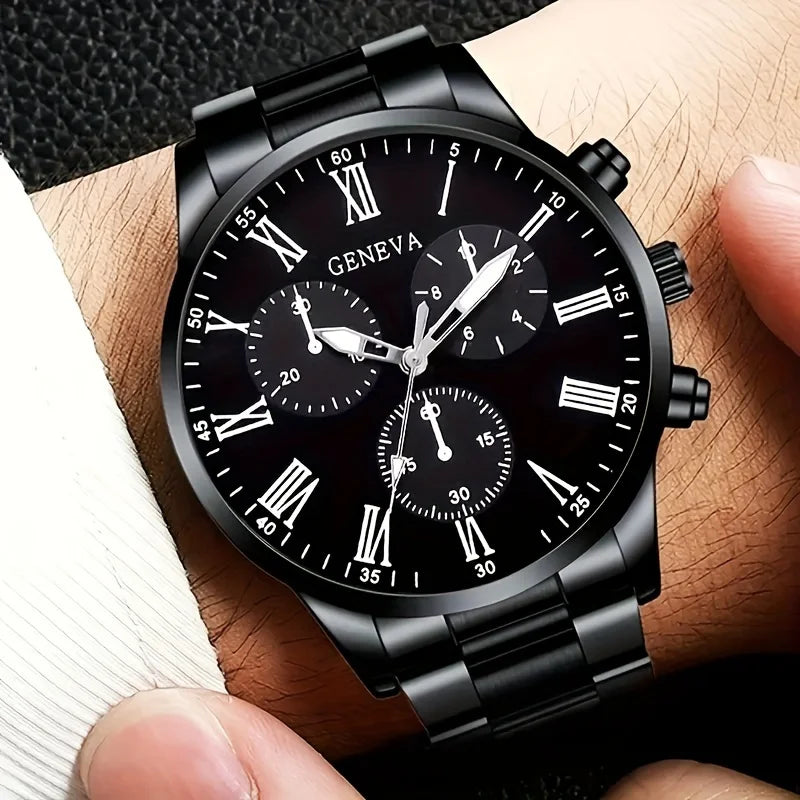 4-piece men's fashion watch set, quartz sport, round zinc alloy case quartz watch