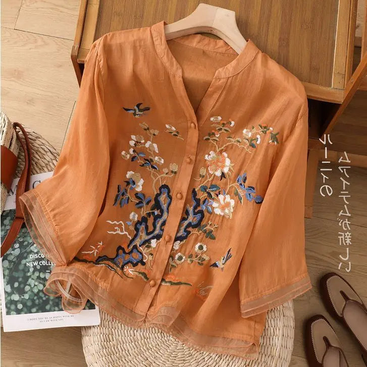 Luxury Embroidery Vintage Shirts Summer Women's Clothing Trends Tops Casual Cardigan Loose Short Coat Patchwork Buttons Blouses
