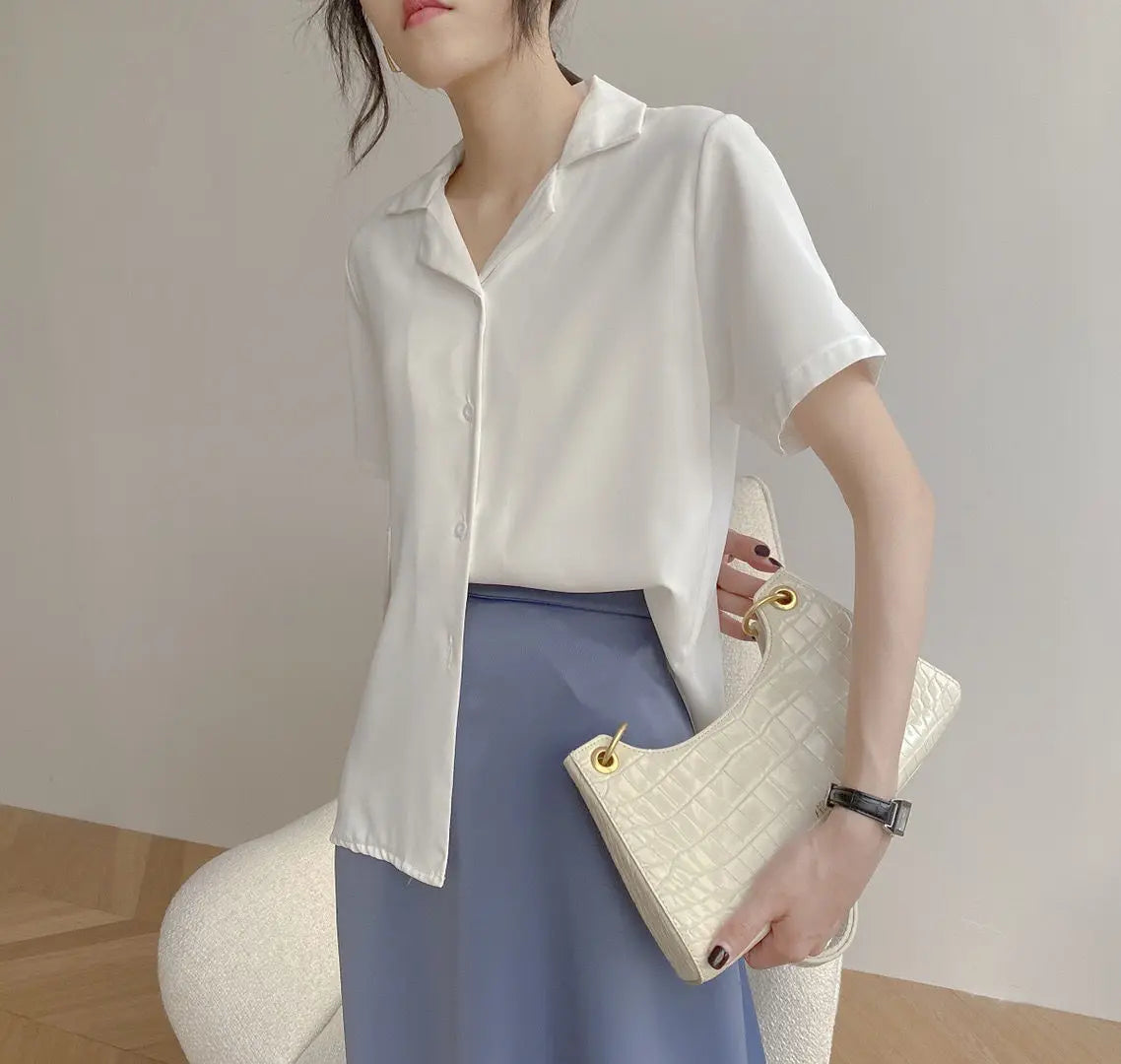 Women Summer Elegant Solid Chiffon Blouses Casual Turn Down Collar Short Sleeve Loose Shirts Korean Chic Top Female Tunic