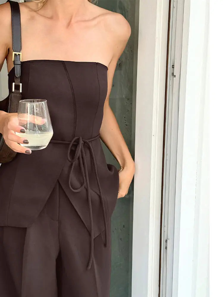 Women Pant Sets Sexy Backless Straps Sleeveless Lace Up Vest Loose Wide Leg Pants Suit Female Summer Fashion Lady Outfits