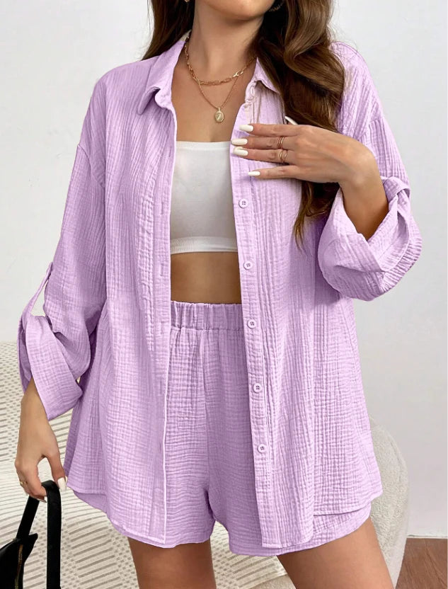 Solid Color Casual Loose Short Pants Sets For Women 2025 Elegant Summer Women's Two Pieces Suit Full Set Female Outfit Clothes
