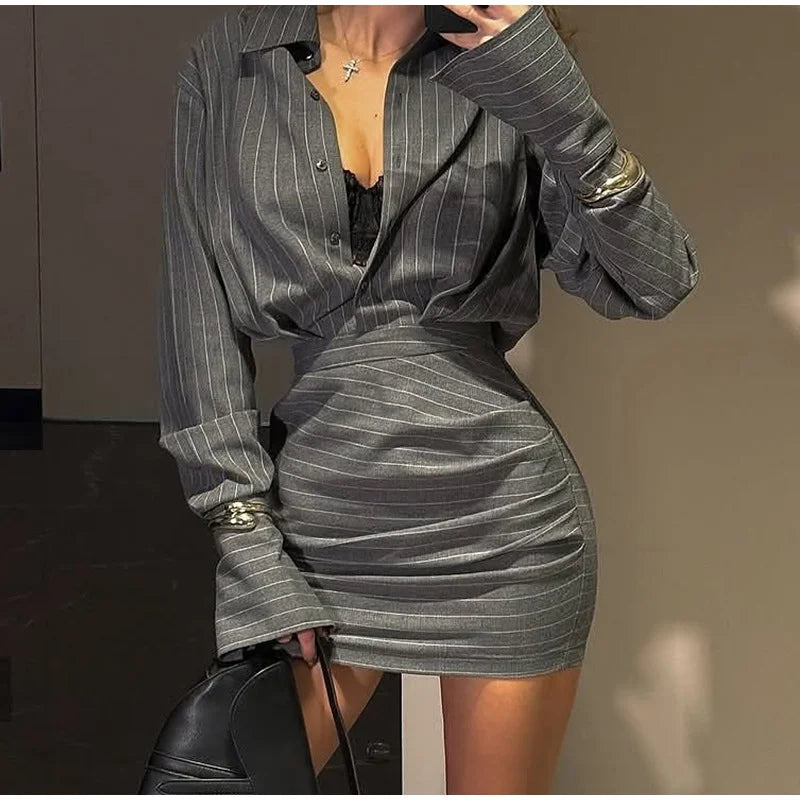 Sexy Striped Skirt Set Women Lapel Single-breasted Shirts Pleated A-line Skirts 2026 Spring Summer Office Lady 2 Pieces Outfit