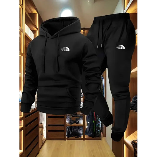 Men's Autumn and Winter Pattern Casual Two-Piece Set Hooded Sweatshirt and Pants with Pockets Regular Fit Outdoor Sport Suit