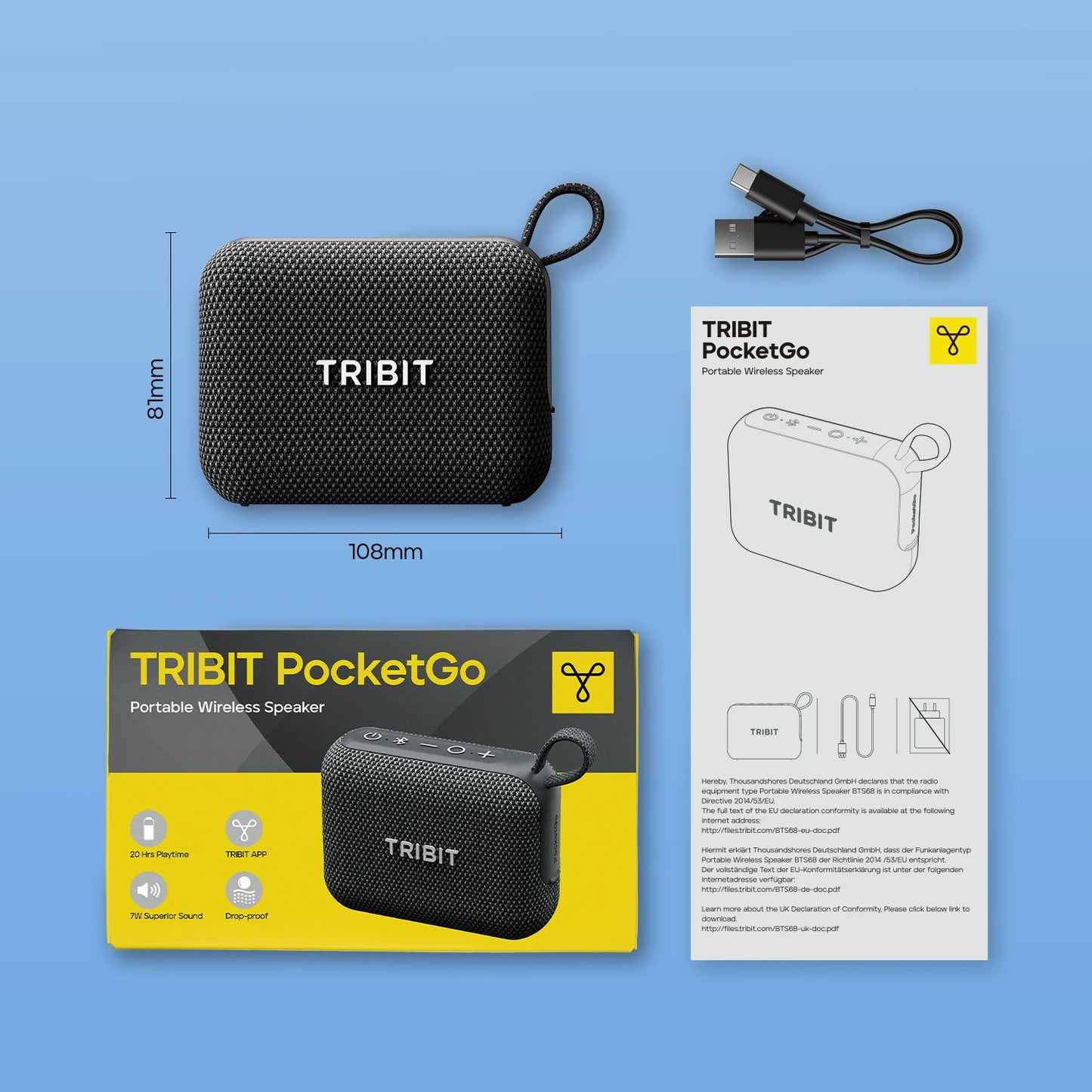 Tribit PocketGo Portable Bluetooth Speaker IP68 Waterproof BT6.0 Built-in Mic TWS APP EQ for Outdoor Pool Party Camping Travel