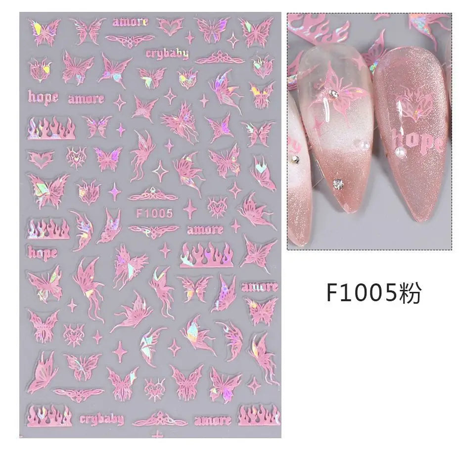 1PCS Black White Butterfly Laser Nail Stickers Y2K Nail Art Decoration Abstract Lines Bronzing Flowers Stickers For Nails