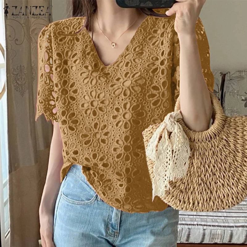 ZANZEA Summer Embroidered Openwork Blouses Women V-Neck Short Sleeve Hollow Out Lace Blusas Mujer Casual Fashion Solid Chemises