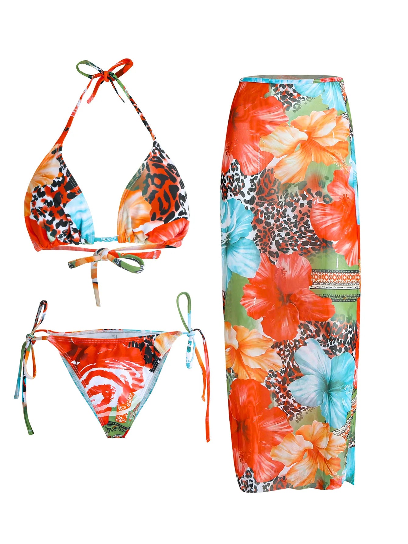 2026 New Flower Print Bikini Set Women's High Waist Long Skirt 3 Piece Swimsuit Sexy Mini Triangle Backless Thong Bathing Suit