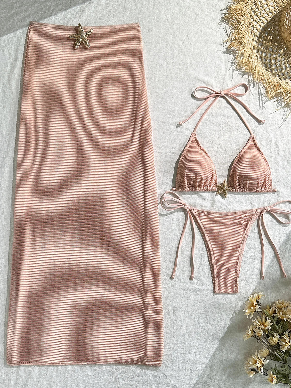Metal Star Halter With Skirt Bikini Female Swimsuit Women Swimwear Three-pieces Bikini set Padded Bather Bathing Suit Swim V6740