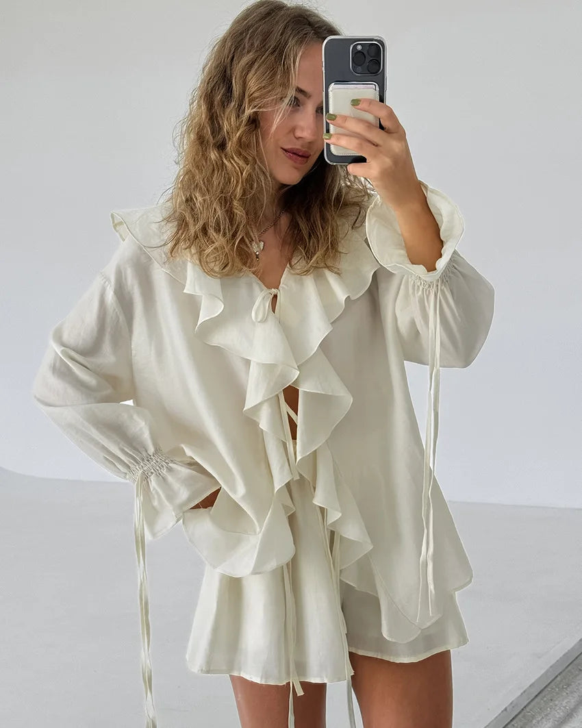 Tornova Women's Ruffled Shorts Sets V Neck Loose Lace Up Shirt Loose Through Sexy Casual Shorts Female Spring New Matching Sets