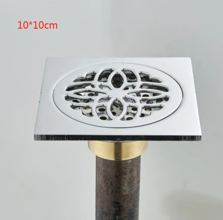 Shower Drains 10*10cm Square Bath Drains Strainer Hair Antique Brass Fish Carved Bathroom Floor Drain Waste Grate Drain