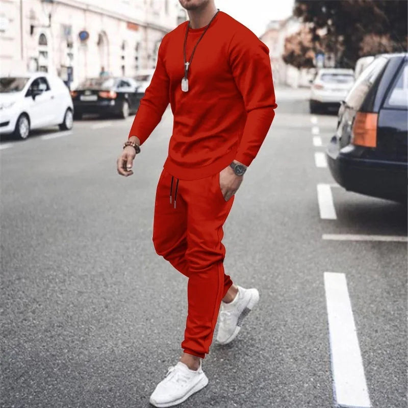 Men's Two-Piece Set O-Neck 2 Pieces Sets Tracksuit Hooded Sweatshirt +Drawstring Pants Male Sport Hoodies Running Sportswear