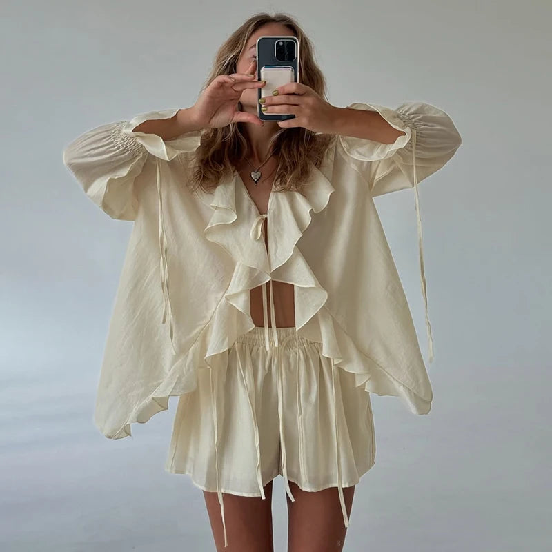 Tornova Women's Ruffled Shorts Sets V Neck Loose Lace Up Shirt Loose Through Sexy Casual Shorts Female Spring New Matching Sets