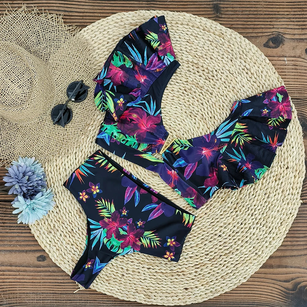 2026 Sexy Bikini Set Women High Waist Classic Off Solid Ruffle Sleeves Swimwear Red Separate Deep V Swimsuit Vintage Beach Set