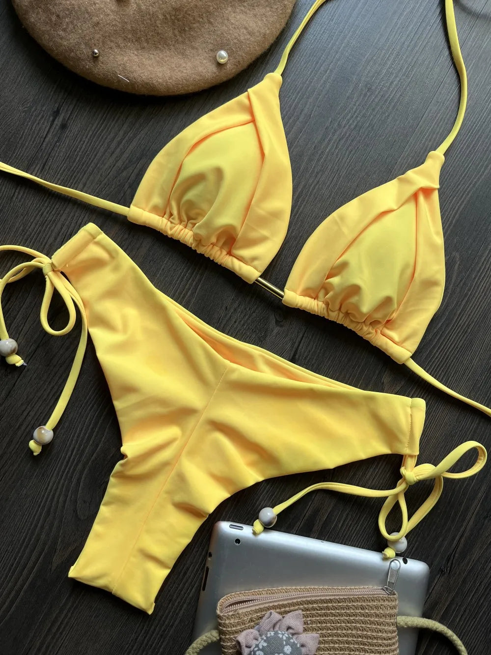 Summer Brazilian Bikini Set Women Sexy Bandage Top Thong Bottom 2 Pieces Set Push-up Swimwear Lace Up Swimsuit Beachwear