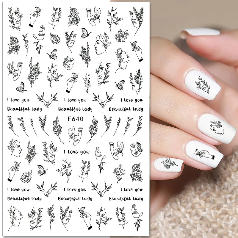 1PCS Black White Butterfly Laser Nail Stickers Y2K Nail Art Decoration Abstract Lines Bronzing Flowers Stickers For Nails