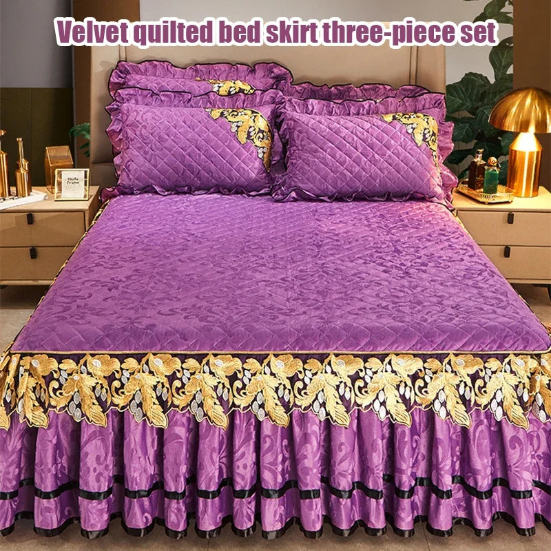 Plush Winter Warm Bedspread on The Bed Thickened Bed Skirt-style Embroidery Cotton Quilt Bedding Cover Pillowcases